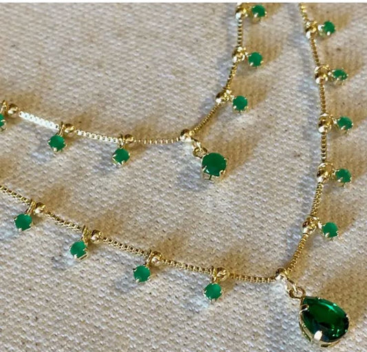 18K Gold Filled Double Teardrop Emerald Necklace